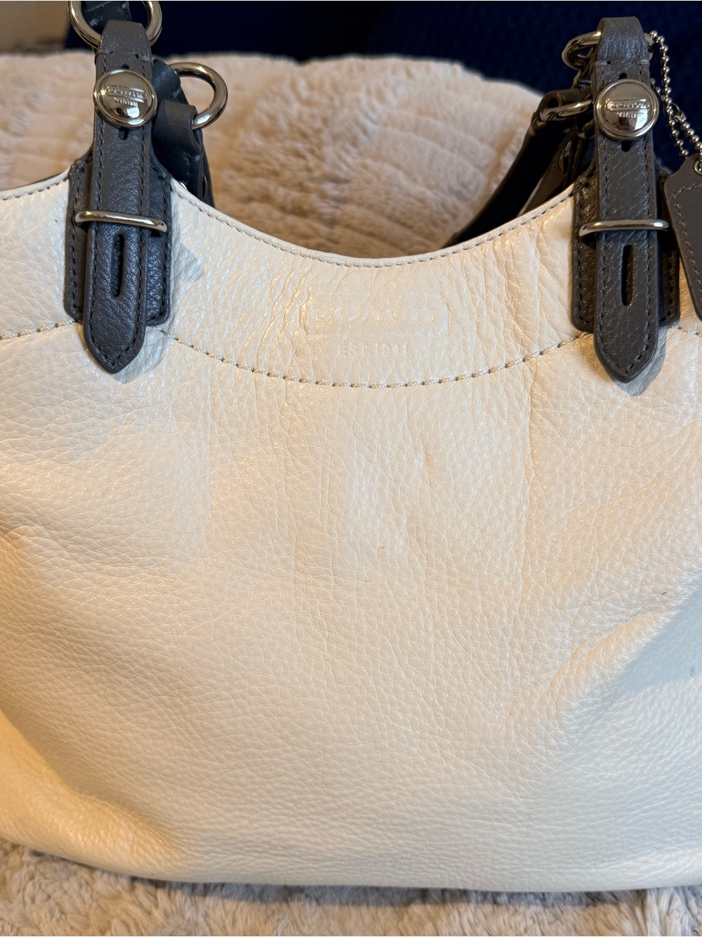 Coach White Gray Pebbled Leather East West Tote Shoulder Bag Silver Hardware